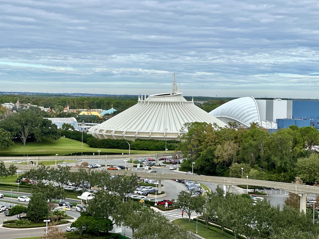 Space Mountain and Tron view from the balcony of The Conteporary Resort in a theme park view room